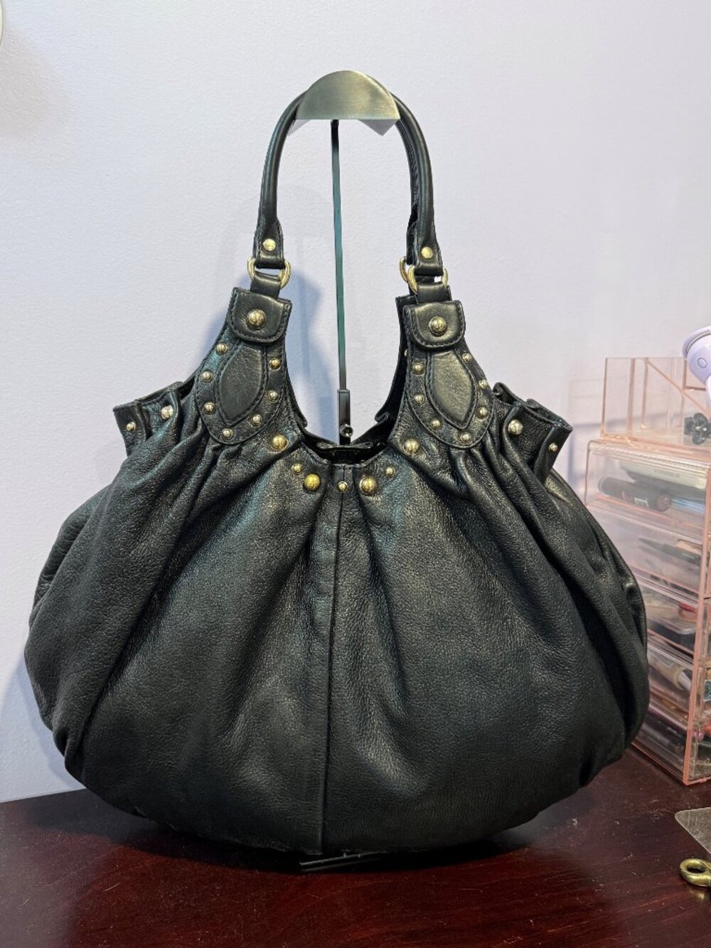 Rare Gucci Black butter-soft calfskin leather-studded Pelham shoulder bag
